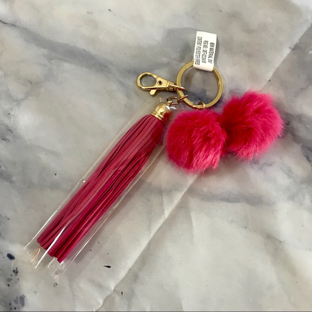 Hot Pink Tassel & Pom Pom Keychain